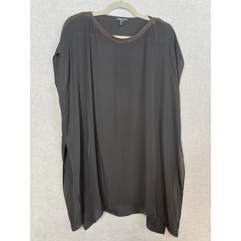 Eileen Fisher Top Womens Small Black Silk Beaded Flowy Sheer Oversized Tunic